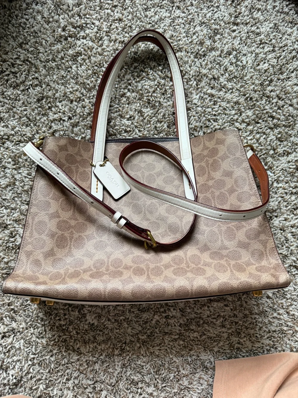 Coach Signature Canvas Tote in Brown with Cream Handles